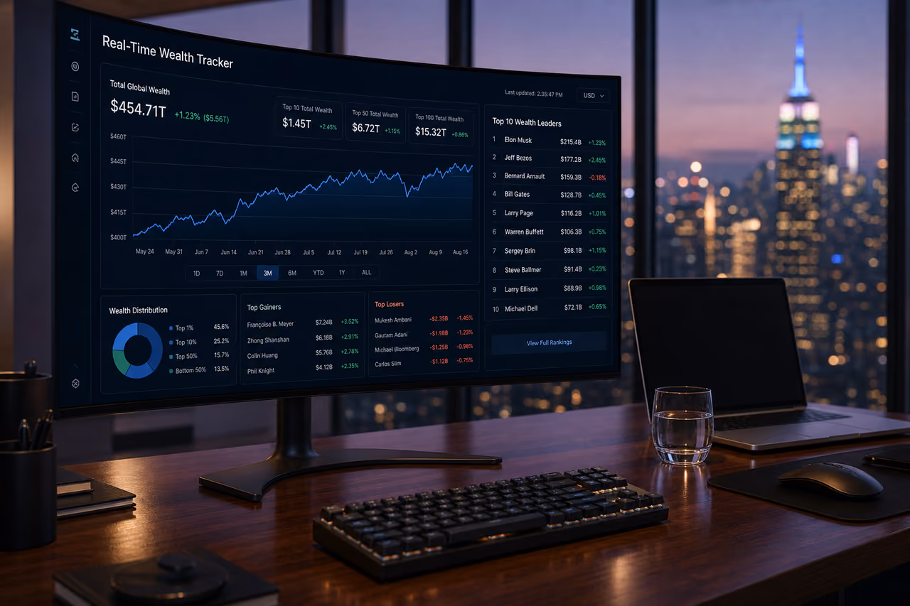 Financial Dashboard Tracking Global Wealth on a Modern Office Monitor