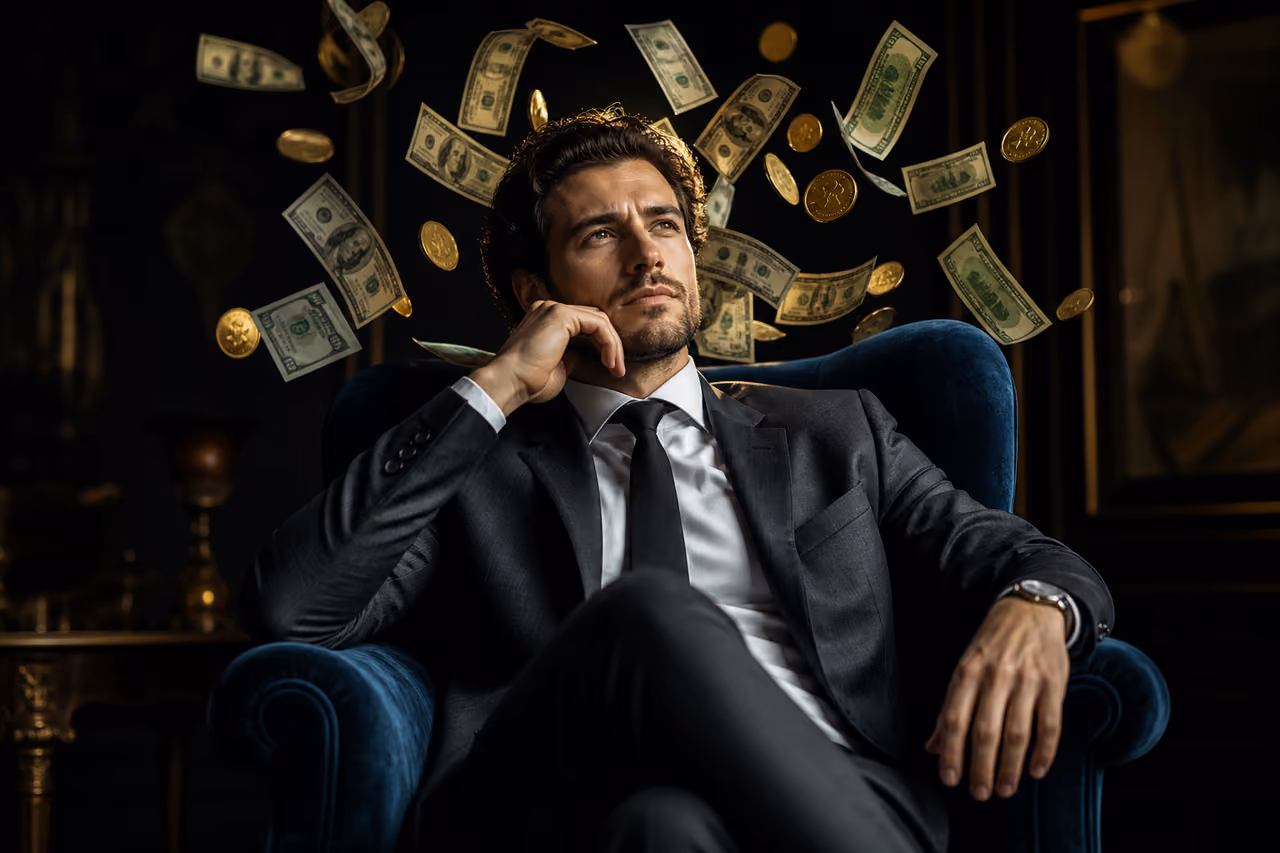 Contemplative Man Surrounded by Floating Banknotes and Gold Coins