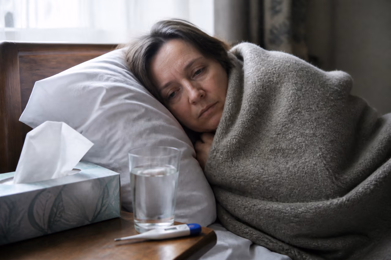 Sick Person Resting in Bed with Medical Supplies
