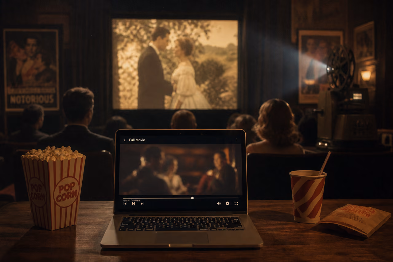 Laptop Streaming a Full Movie in a Vintage Cinema