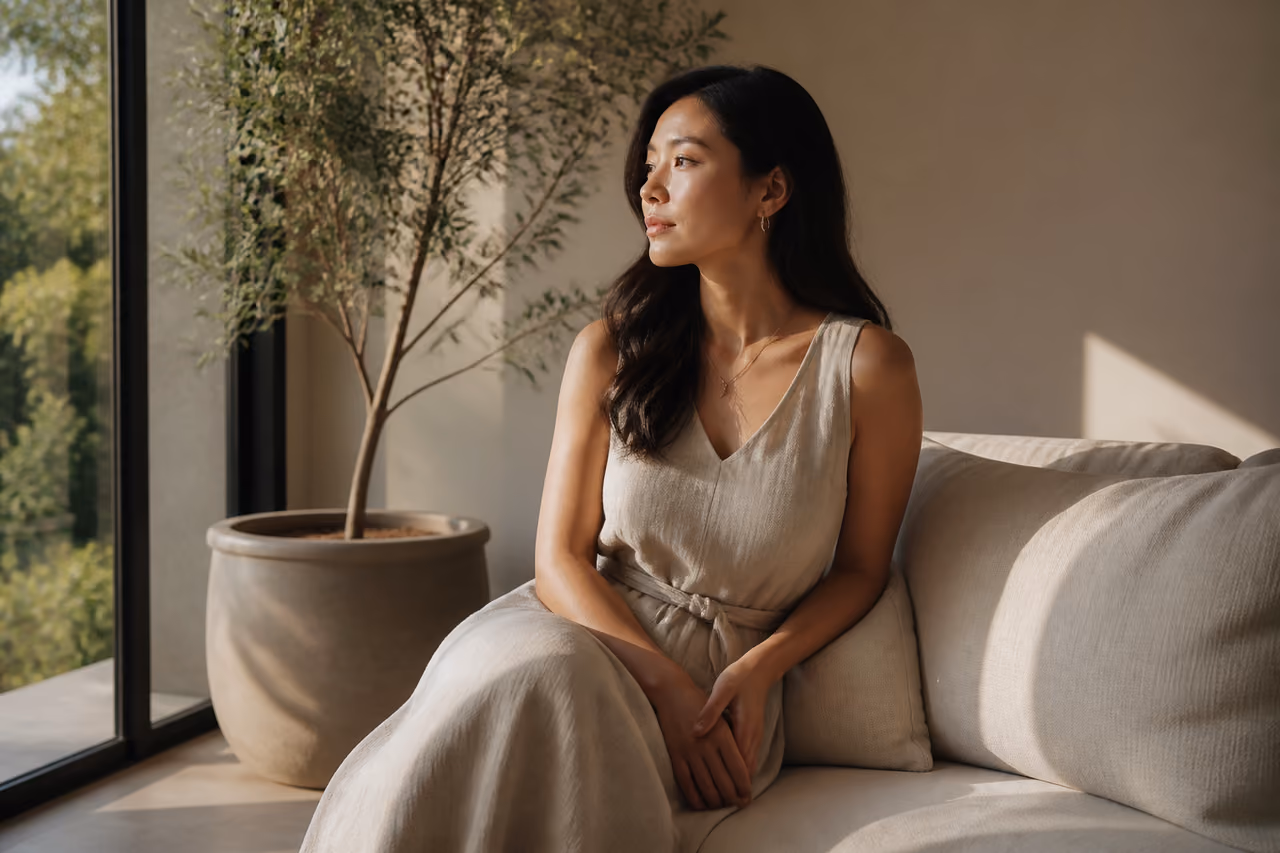 Woman Named Wai Lin Relaxing in a Sunlit Modern Living Room