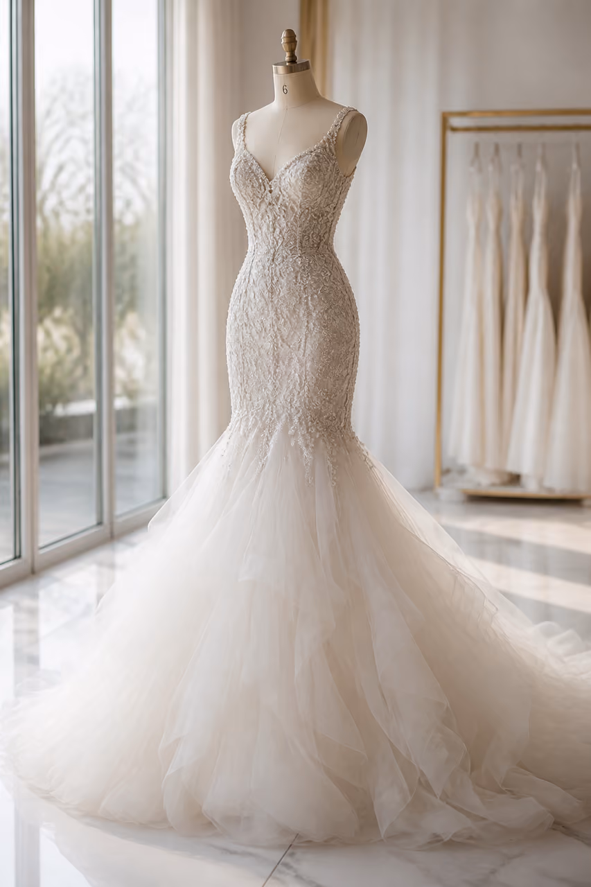 Beaded Mermaid Wedding Dress with Tulle Skirt on Mannequin