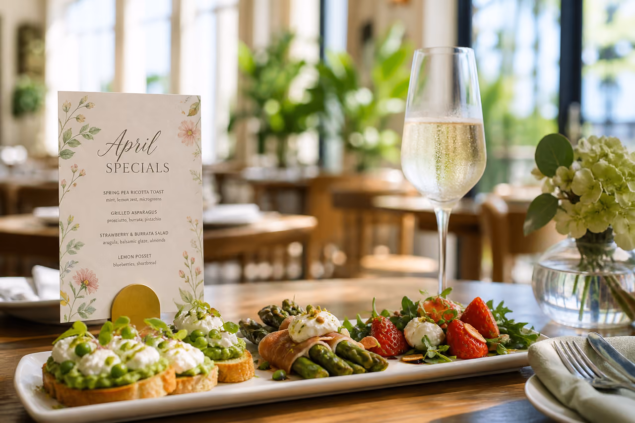Gourmet Spring Dishes and Promotional Menu for April Specials