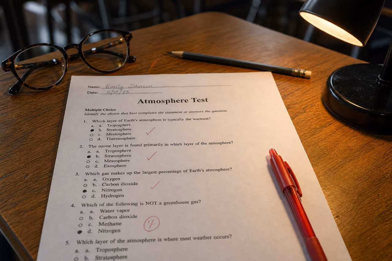 Graded Atmosphere Test Worksheet with Red Ink Corrections