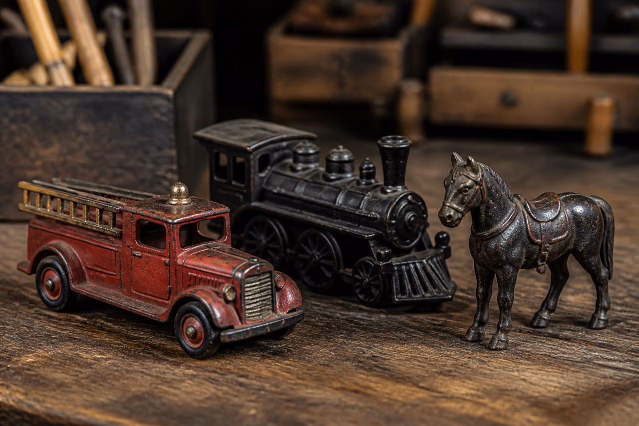 Vintage Cast Iron Toy Reproductions on a Rustic Wooden Table
