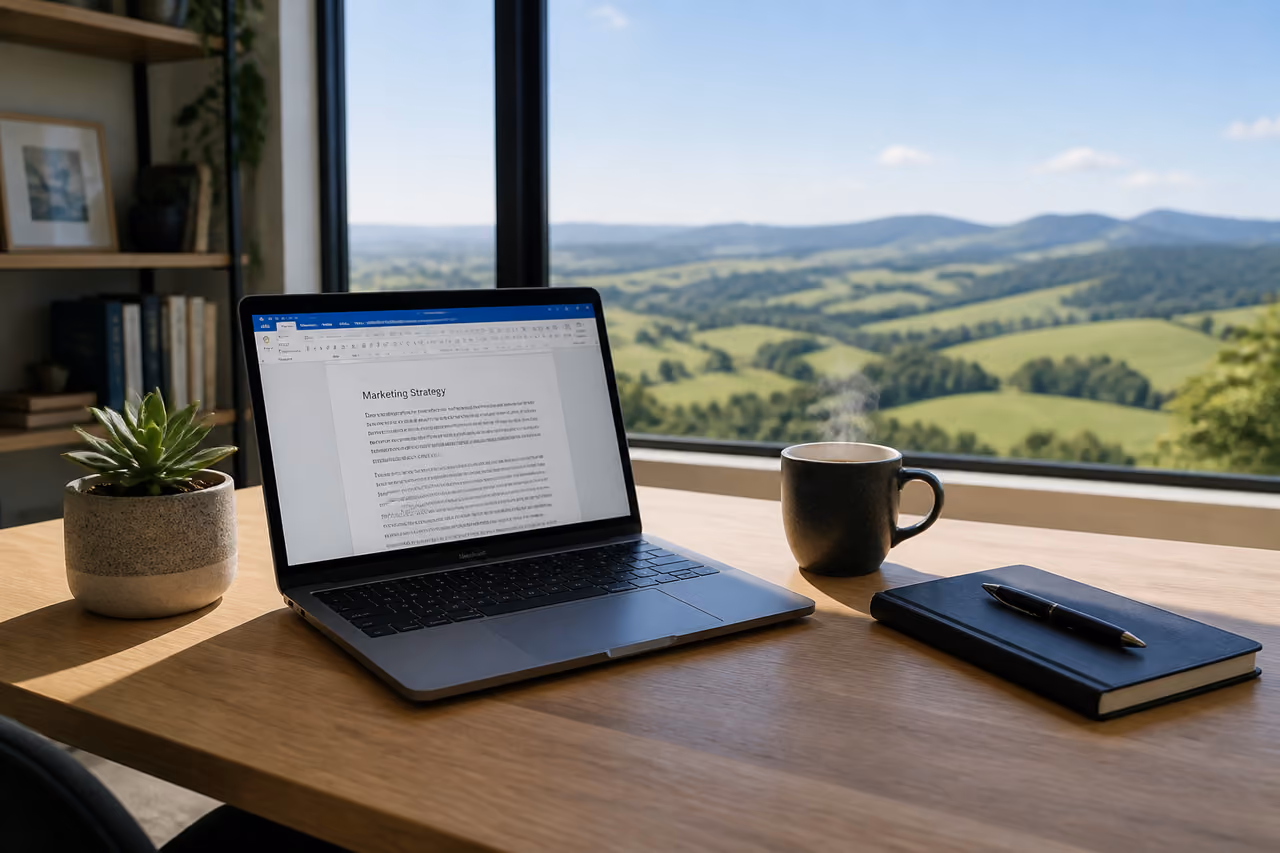 Freelance Writer Working at a Desk with New Zealand View