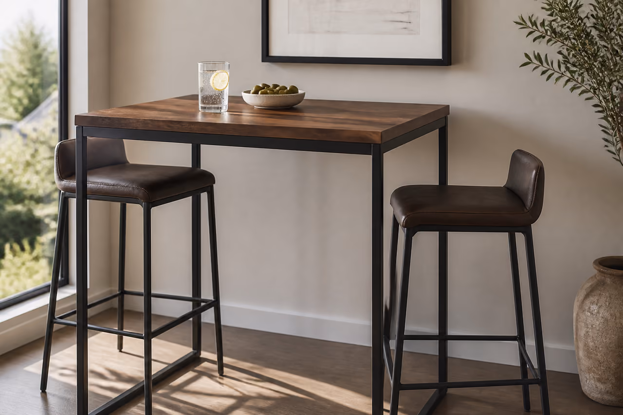 Modern Walnut Bar Set Table and Stools in Contemporary Room