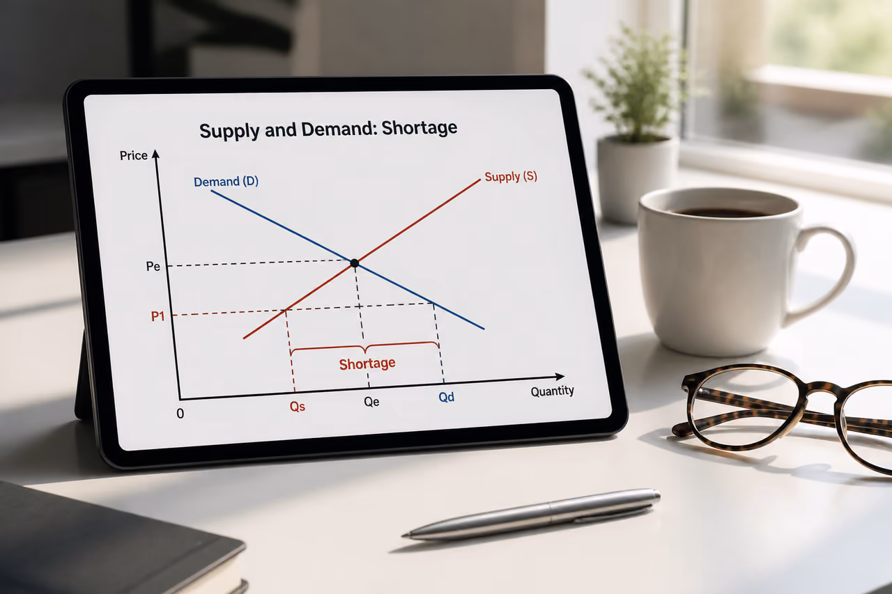 Economic Graph on Tablet Showing Prices Below Equilibrium