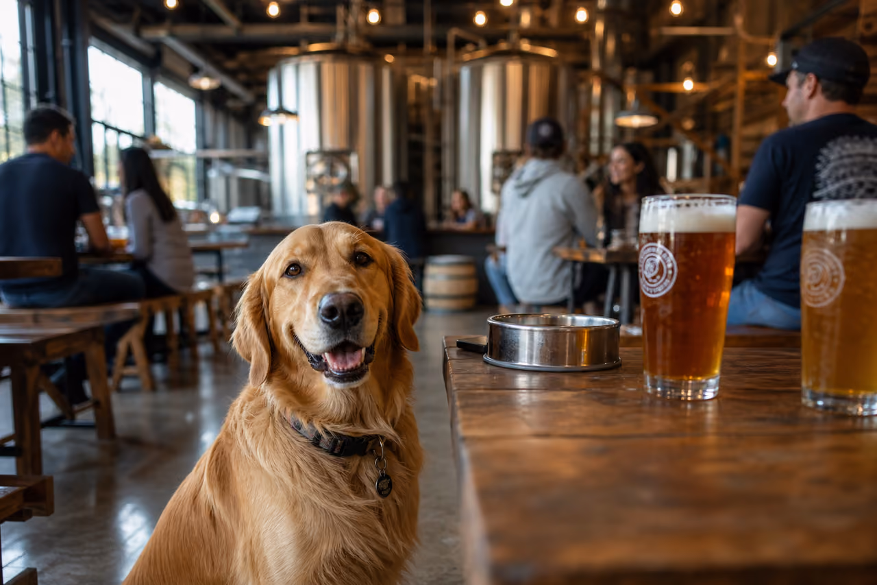 Golden Retriever Sitting Beside Beer Glasses in a Craft Brewery