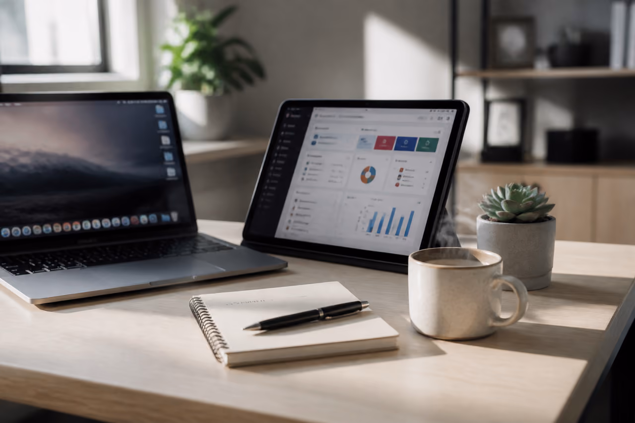 Laptop and Tablet on a Minimalist Modern Office Desk