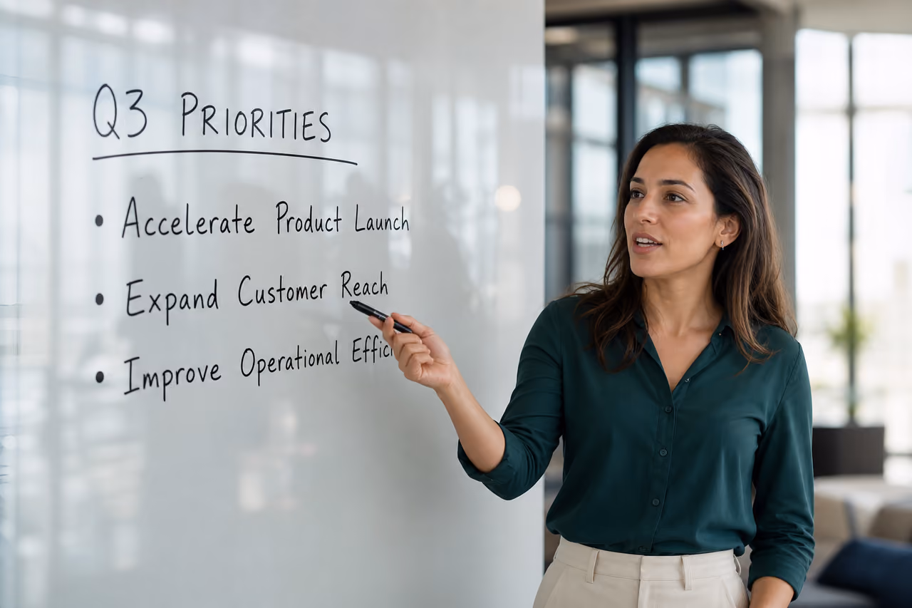 Professional Presenting a Brief Statement Example on a Whiteboard