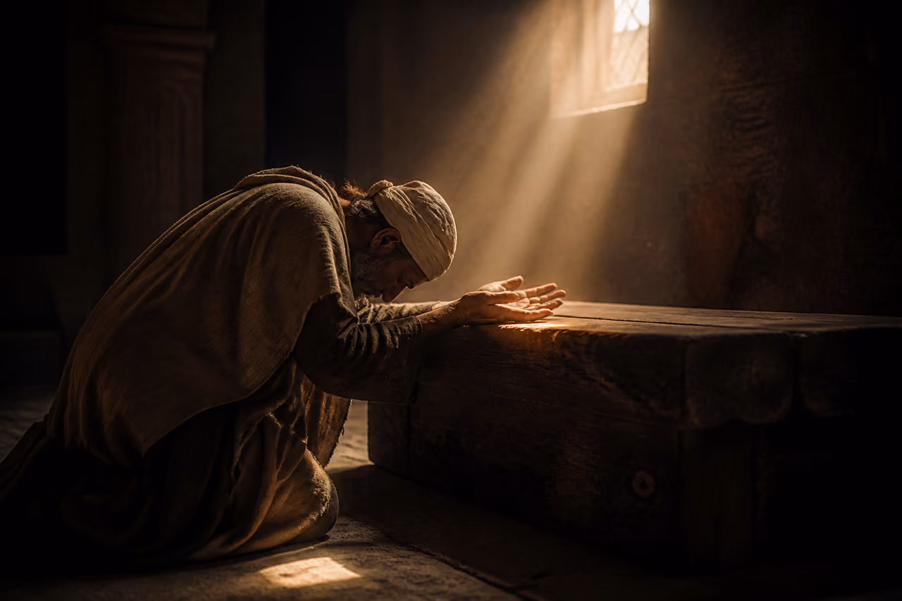 Man Kneeling in Prayer at an Ancient Stone Altar