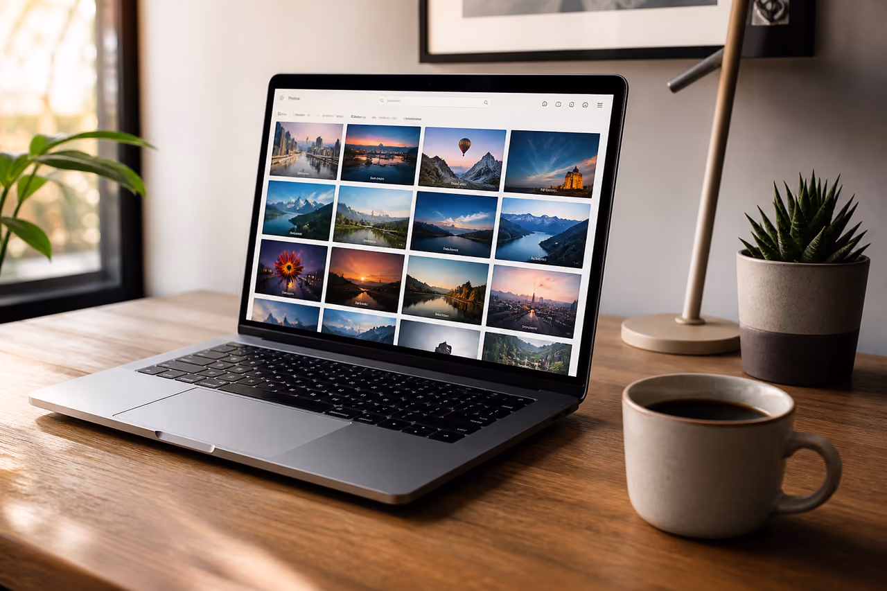 Macbook Laptop Displaying a Photo Stream on a Wooden Desk