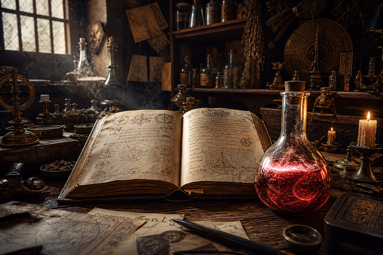 Ancient Alchemist Study with Open Grimoire and Crimson Flask