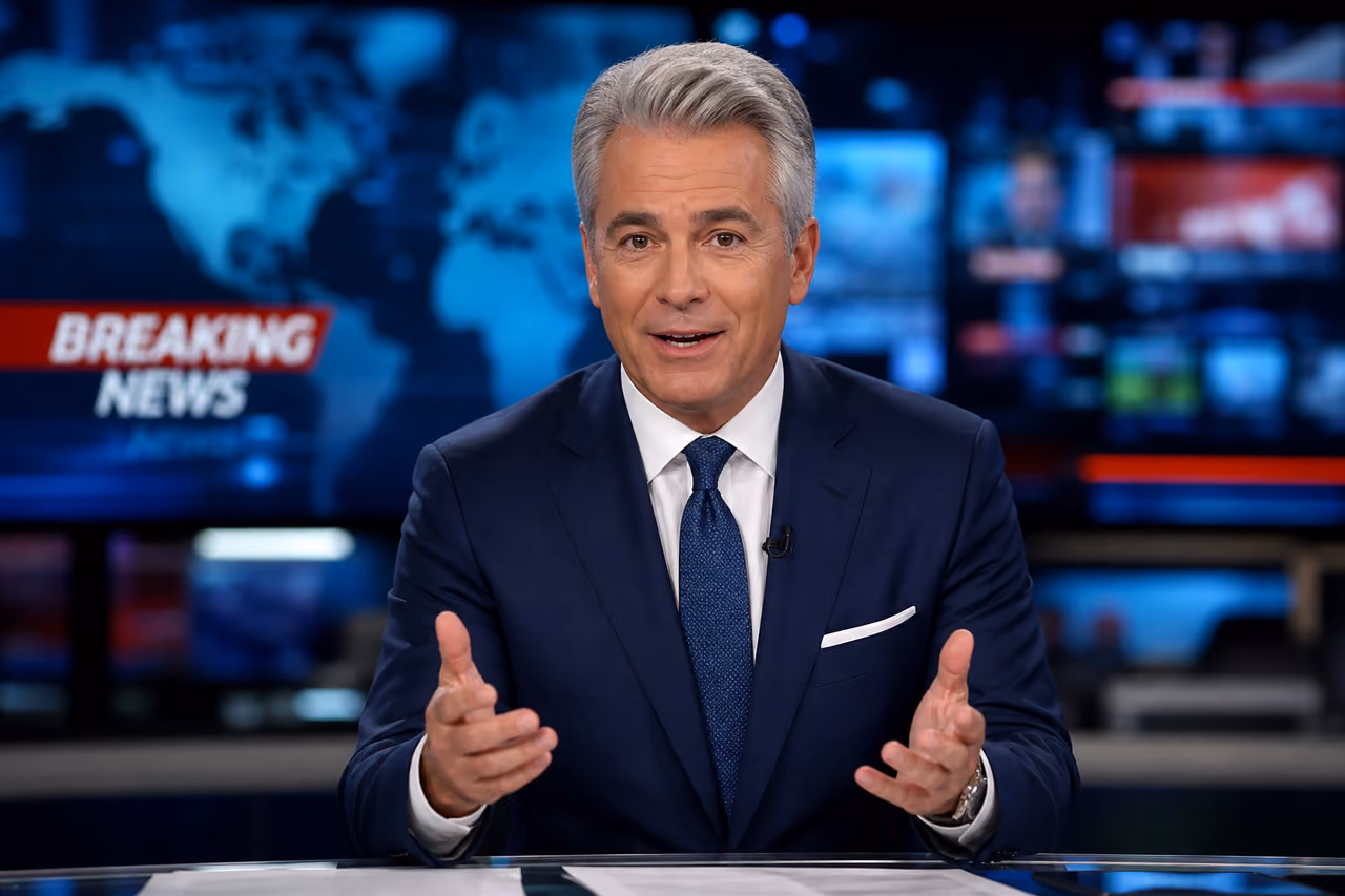Professional News Anchor Delivering Broadcast in Modern Studio