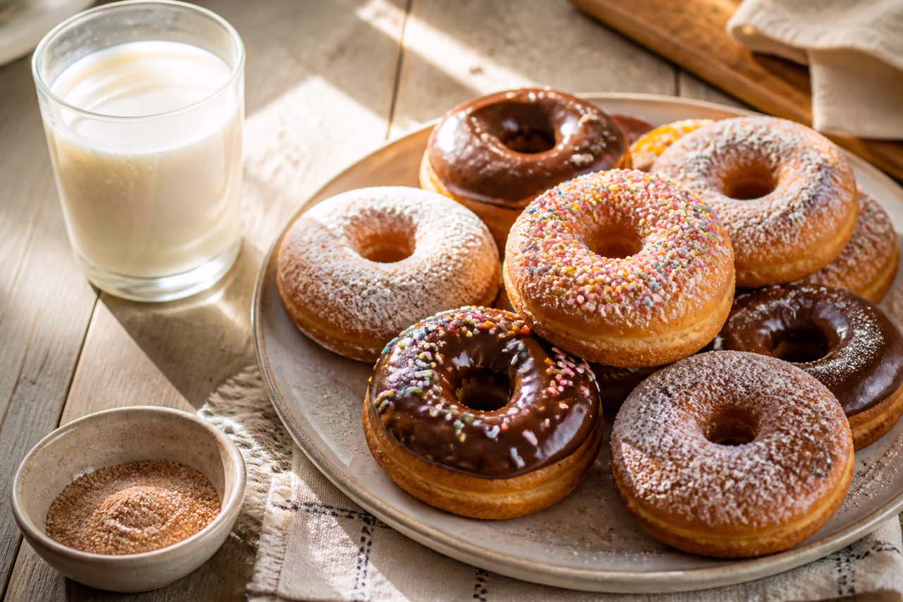 Assorted Homemade Cake Donuts on a Rustic Wooden Table