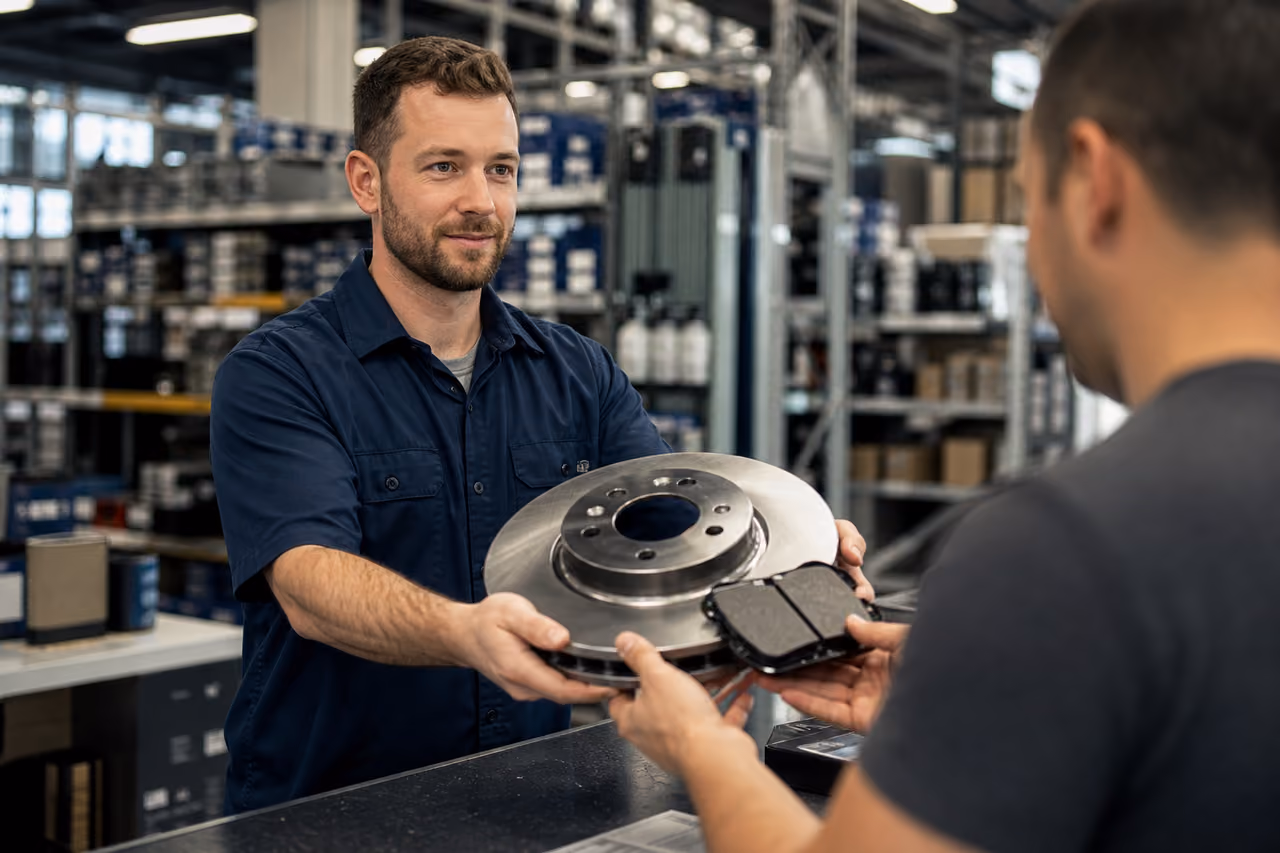 Employee Handing Brake Parts to Customer in Auto Store