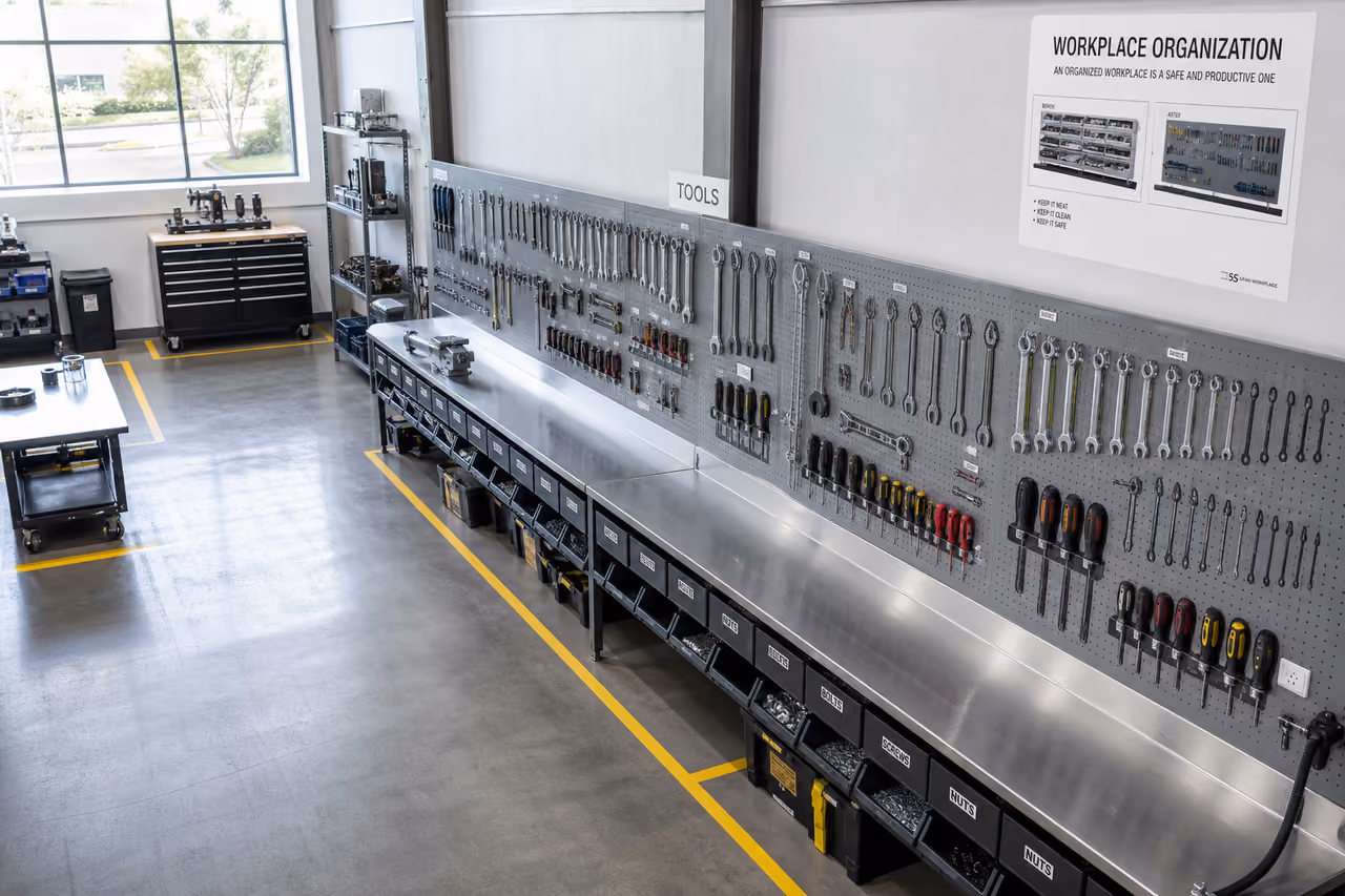 Organized Tool Wall and Workbench in Industrial Workshop