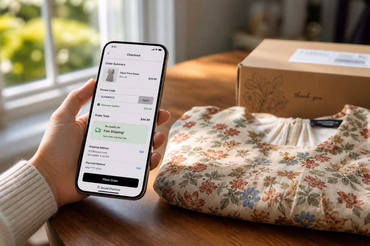 Woman Applying Discount Code for Dress Online Purchase