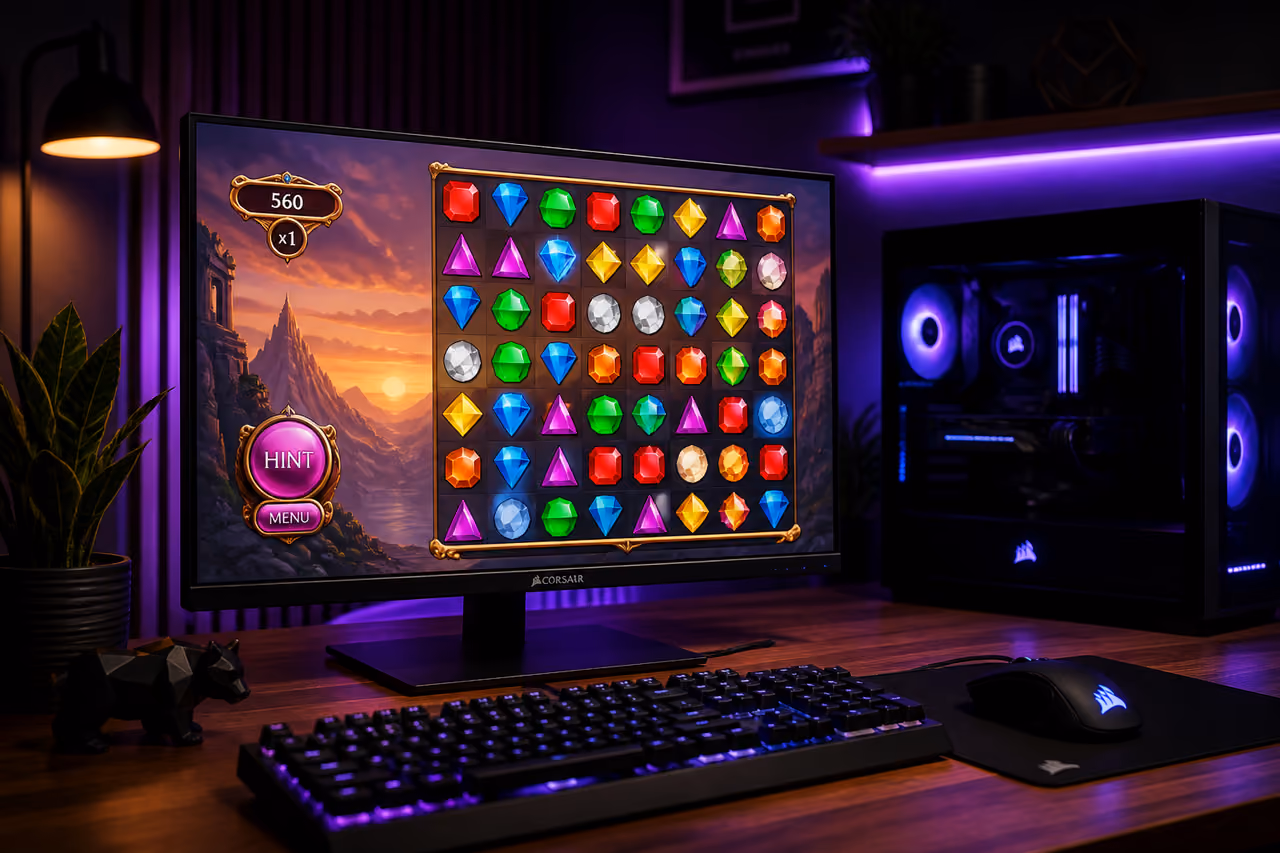 Gaming Monitor Displaying Bejeweled 3 on a Modern Desk