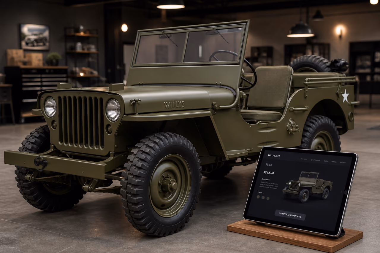Restored Vintage Willys Jeep Beside Online Shopping Tablet