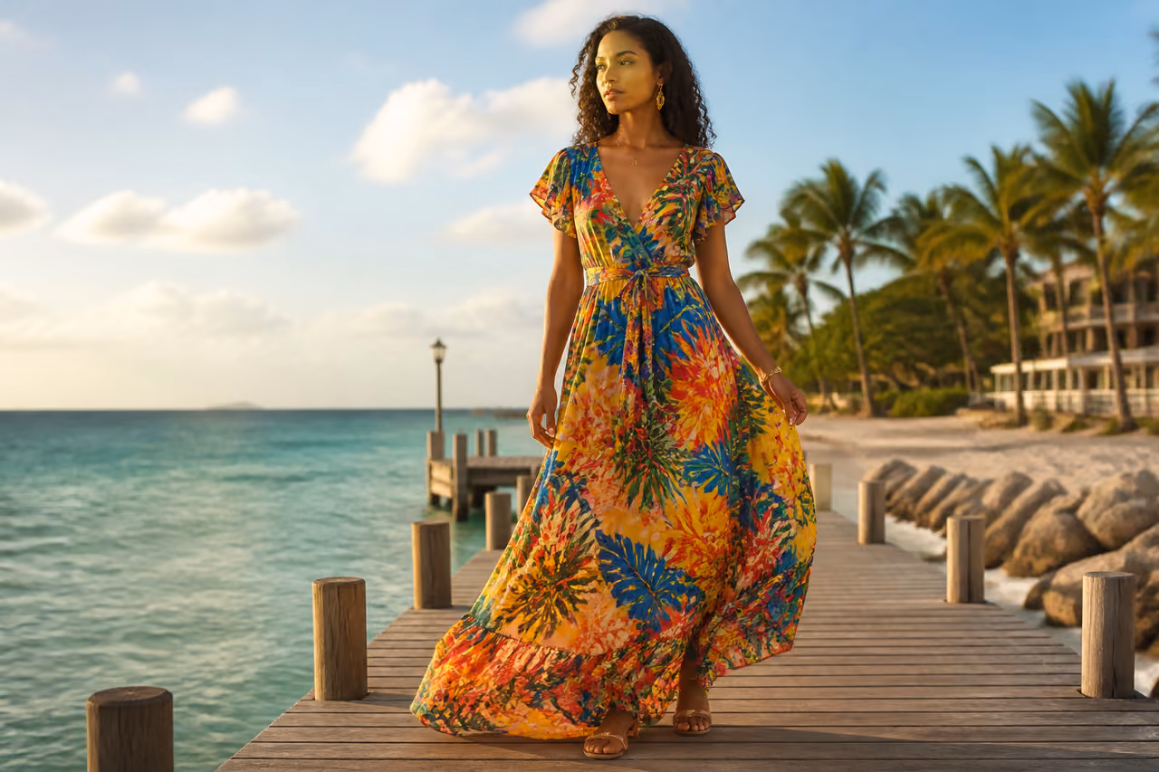 Woman Wearing Vibrant Calypso Clothing on a Tropical Beach