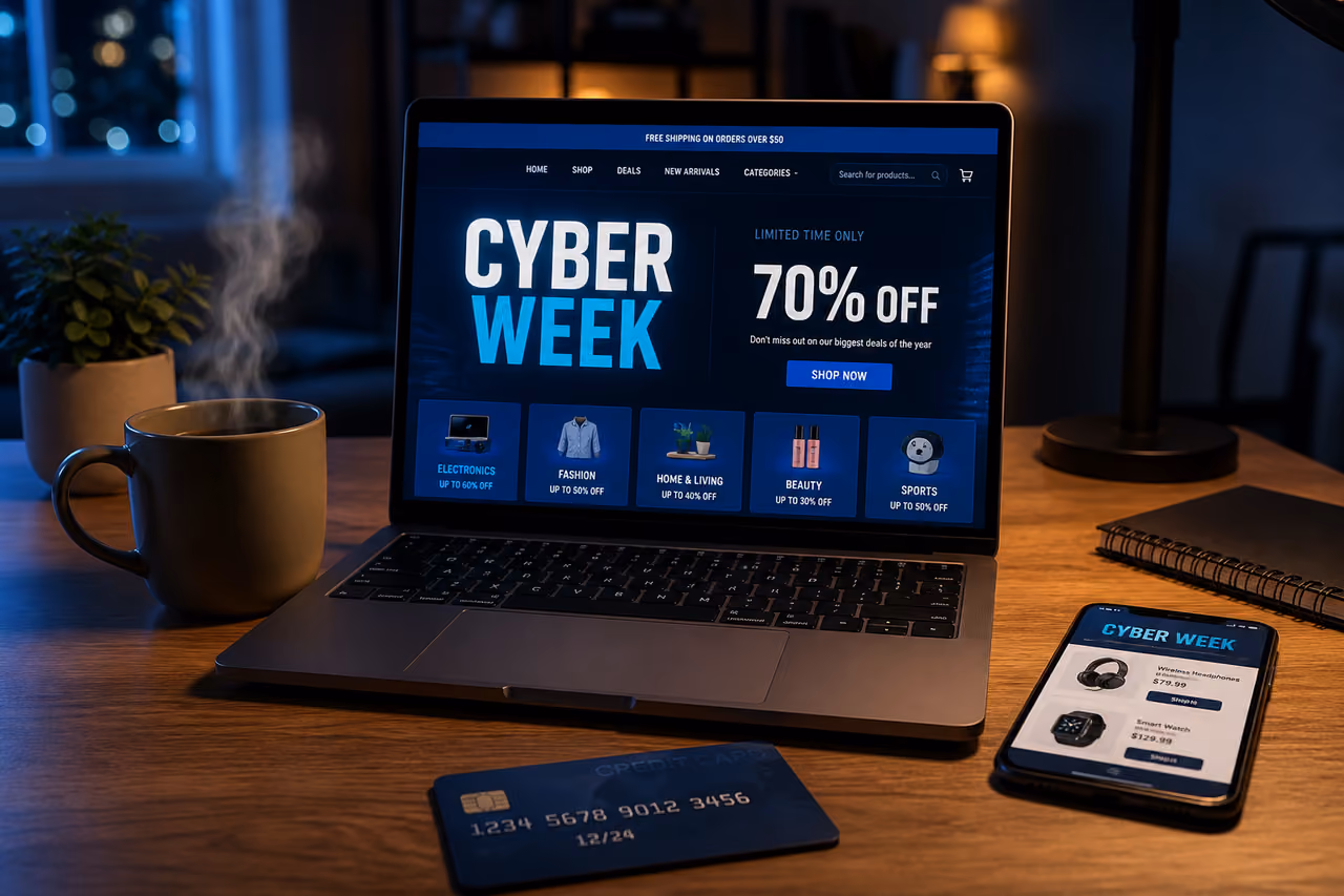 Laptop Displaying Cyber Week Sale on Home Office Desk