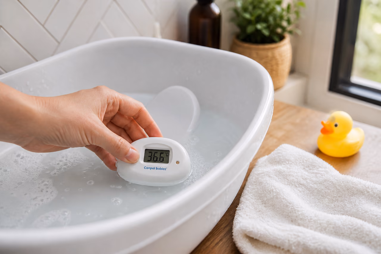 Parent Checking Water Temperature in Infant Bath Tub