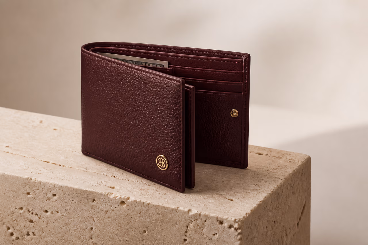 Luxury Women's Leather Wallet on Travertine Plinth