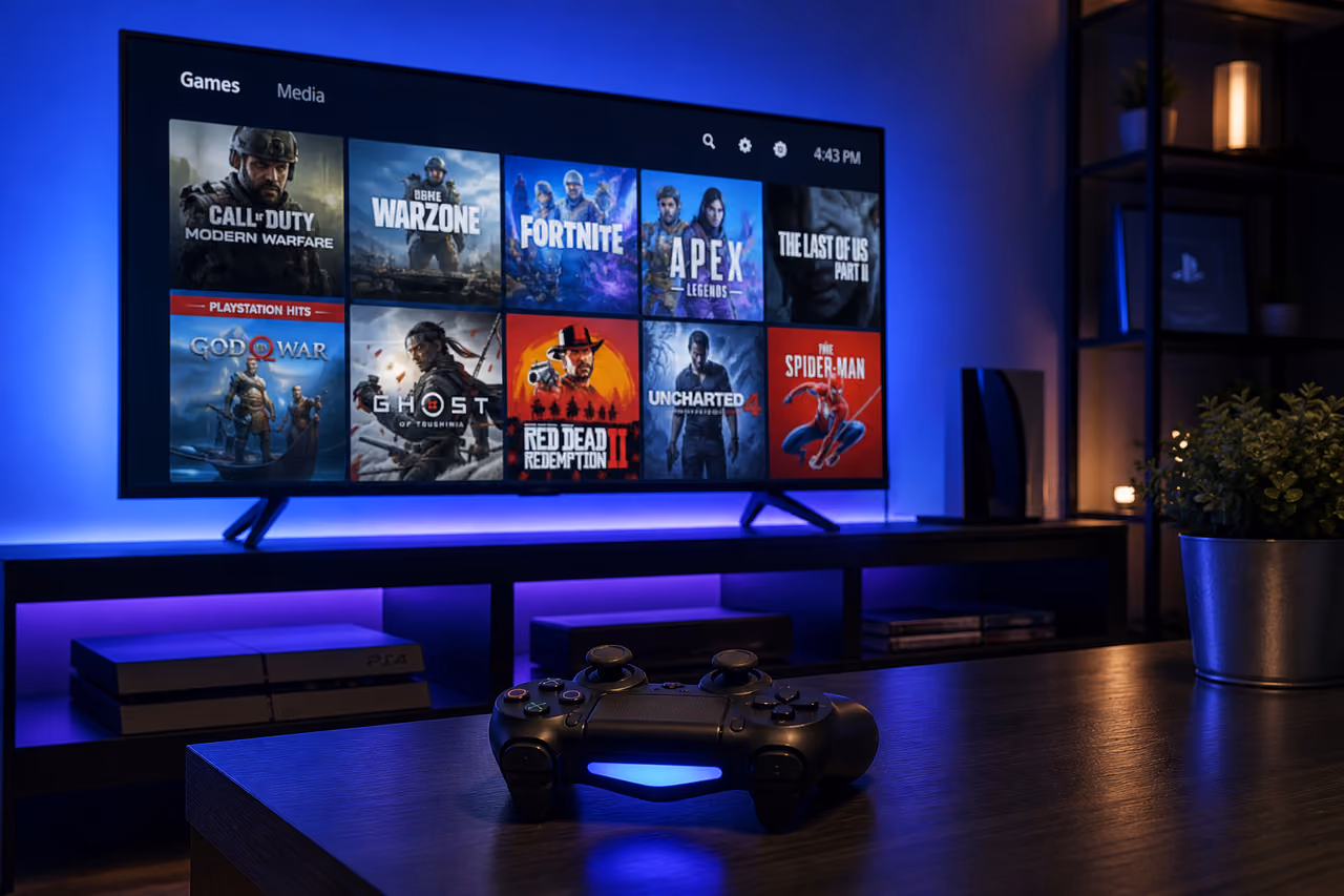 Playstation 4 Console and Controller with Shooter Games Menu