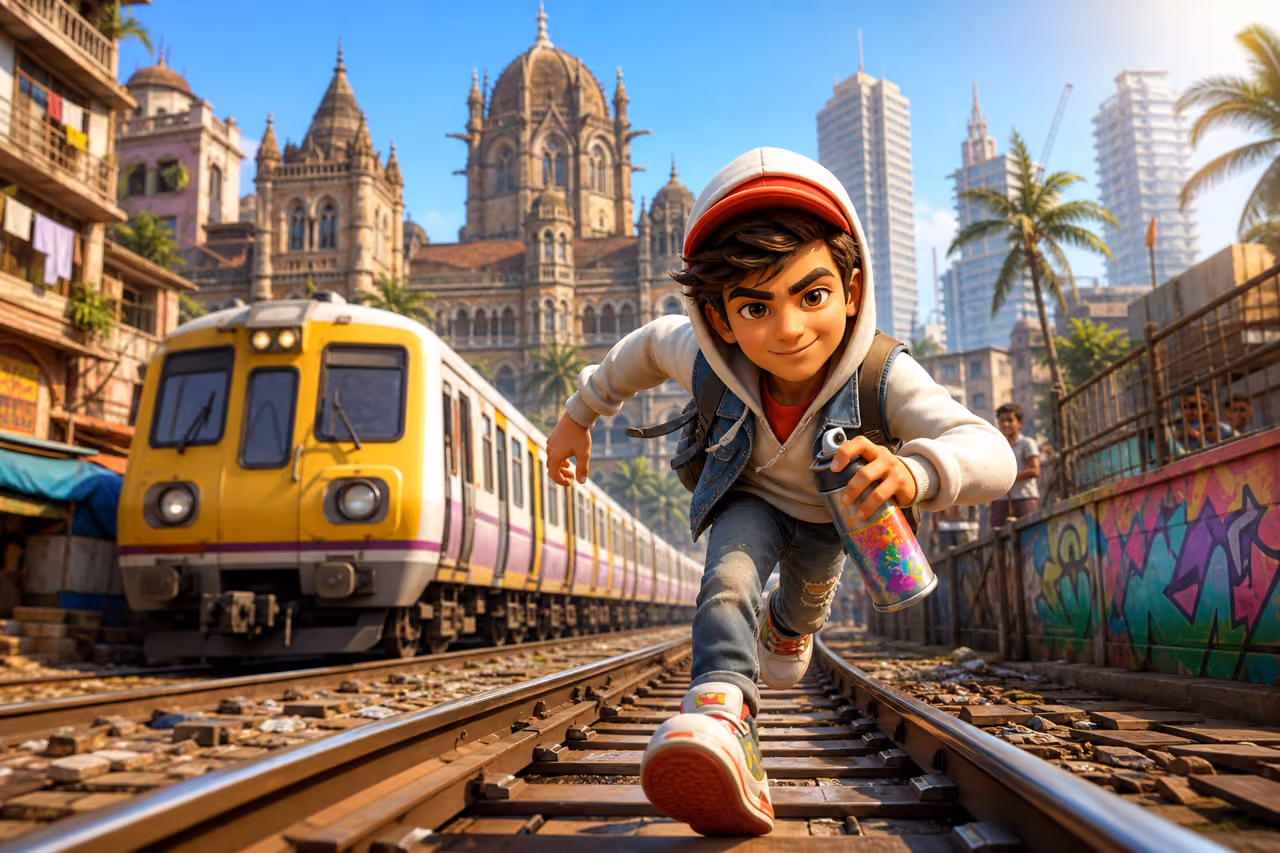 Stylized Character Running Through Mumbai City Railway Tracks