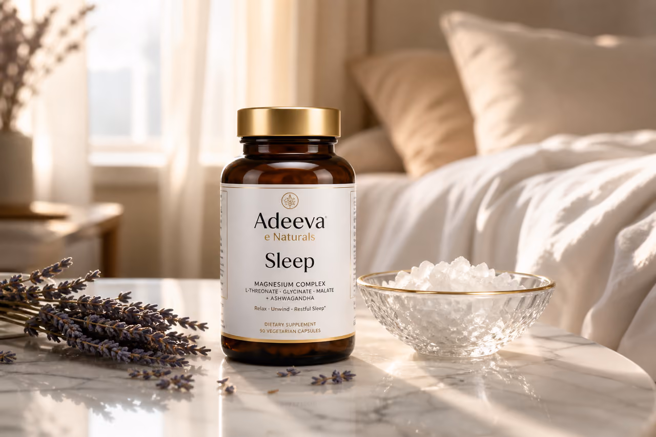 Adeeva Sleep E Naturals Supplement Bottle in Serene Bedroom