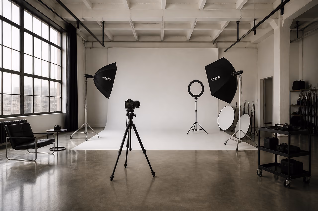 Professional Photography Studio Interior with Lighting Equipment