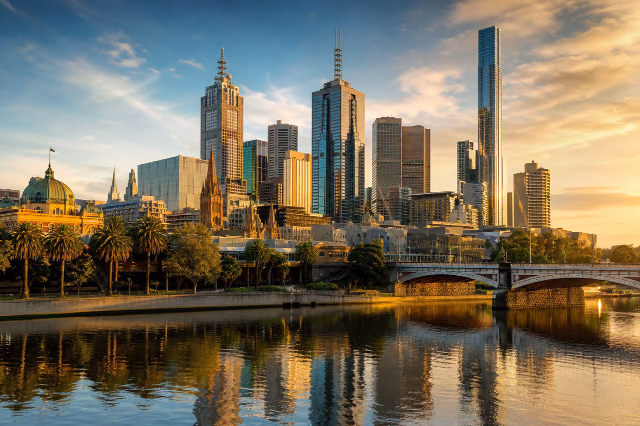 Melbourne City Skyline and Yarra River at Sunset