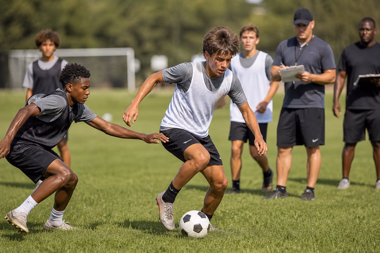 Youth Soccer Players Competing During Academy Tryouts on Grass Field
