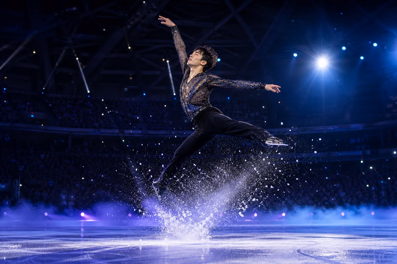 Professional Figure Skater Performing in a Grand Ice Arena