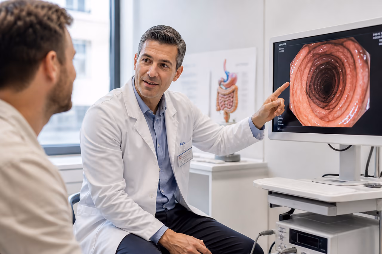 Gastroenterologist Reviewing Endoscopic Results with Patient in Clinic