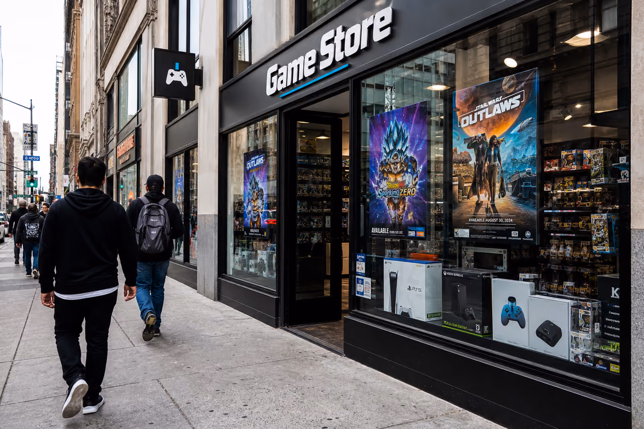 Modern Video Game Storefront on a Busy City Street