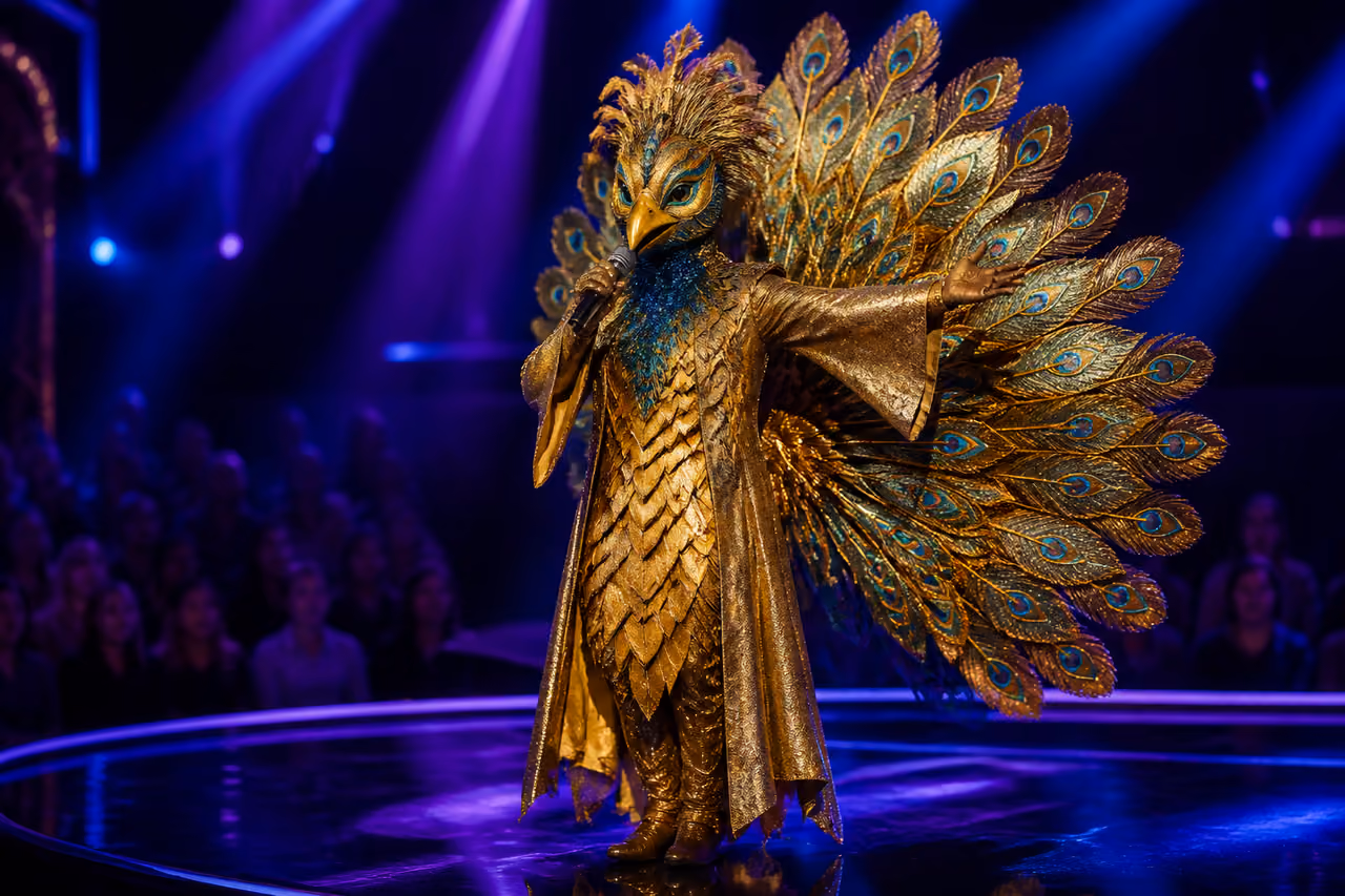Performer in Elaborate Golden Costume on a Musical Stage
