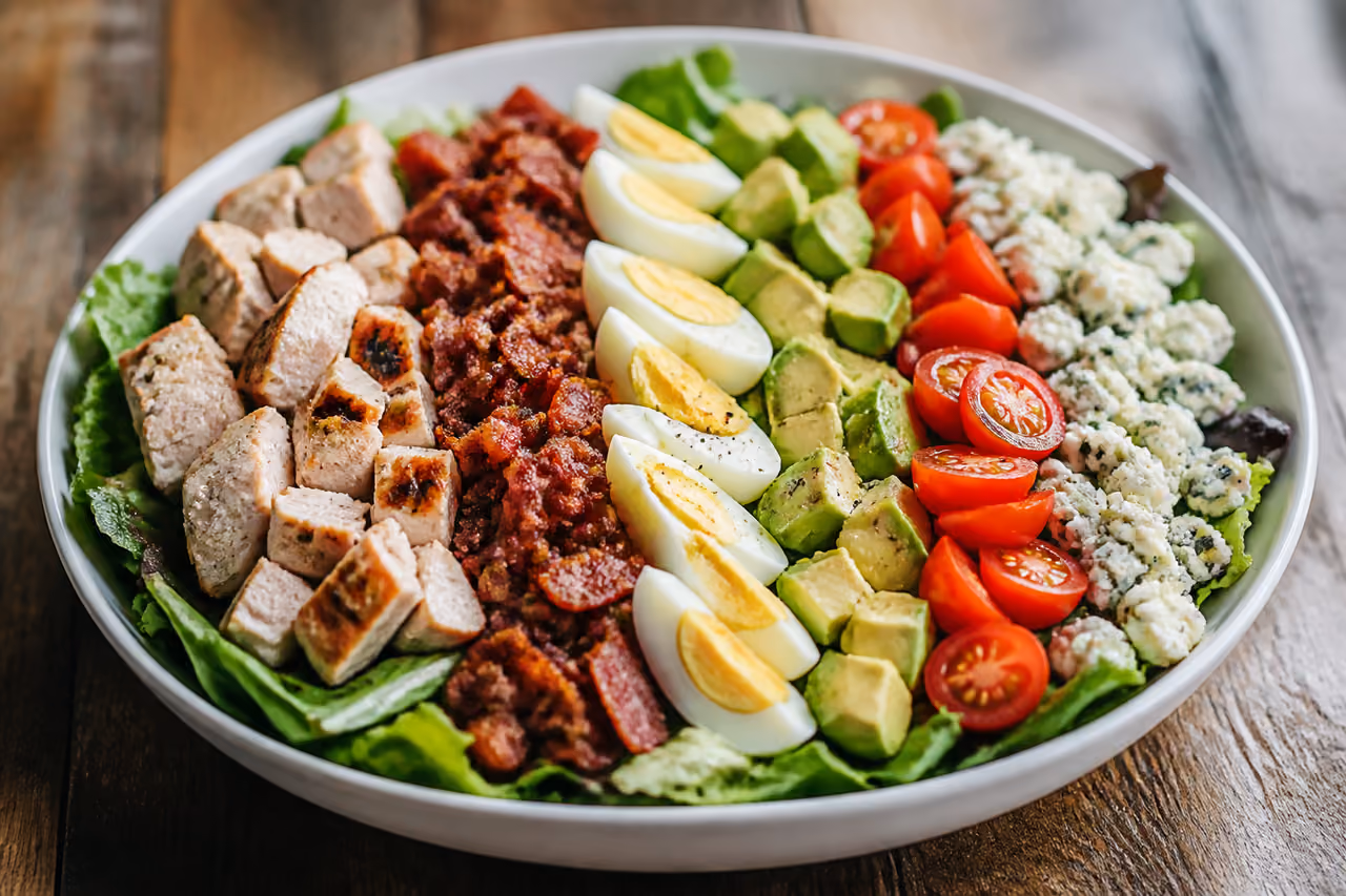 Fresh Cobb Salad with Chicken and Avocado in White Bowl