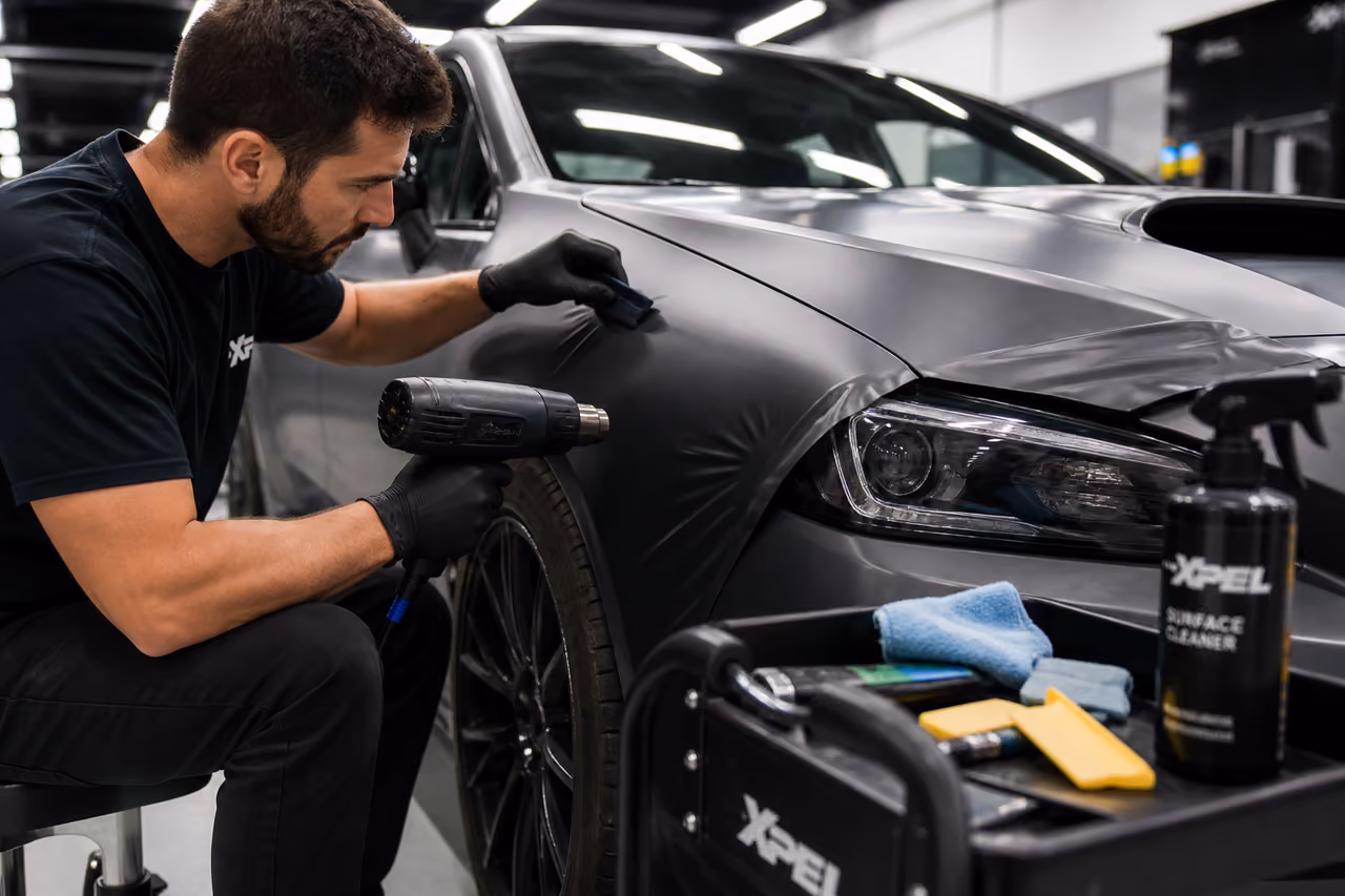 Technician Applying Vinyl Wrap to a Performance Sports Sedan