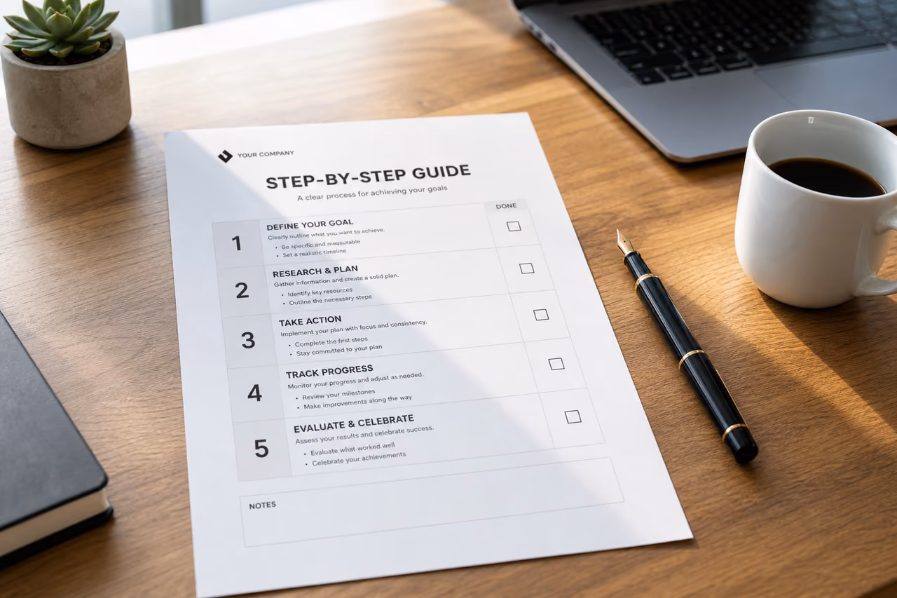 Printed Step by Step Document Template on Modern Office Desk