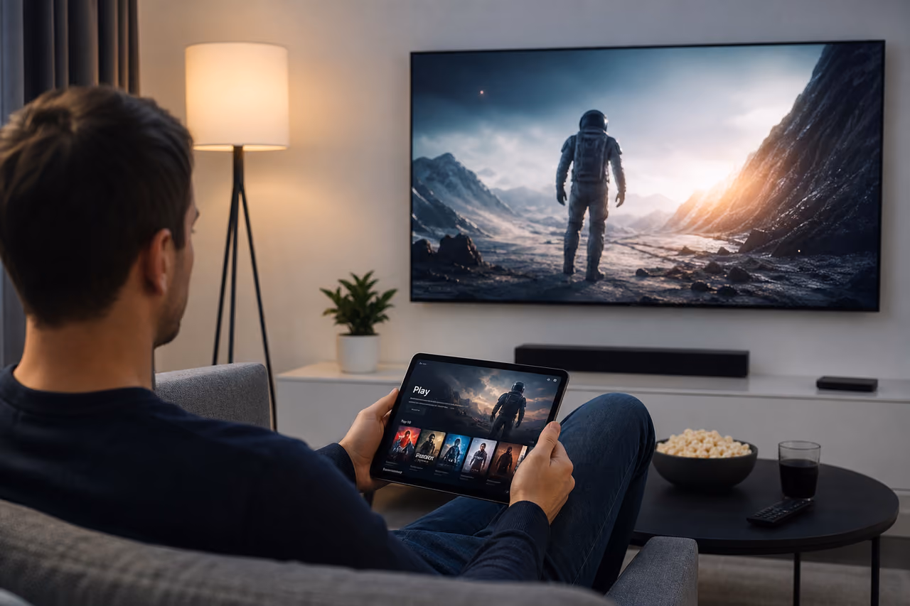 Person Using Tablet to Stream Movies on Smart TV
