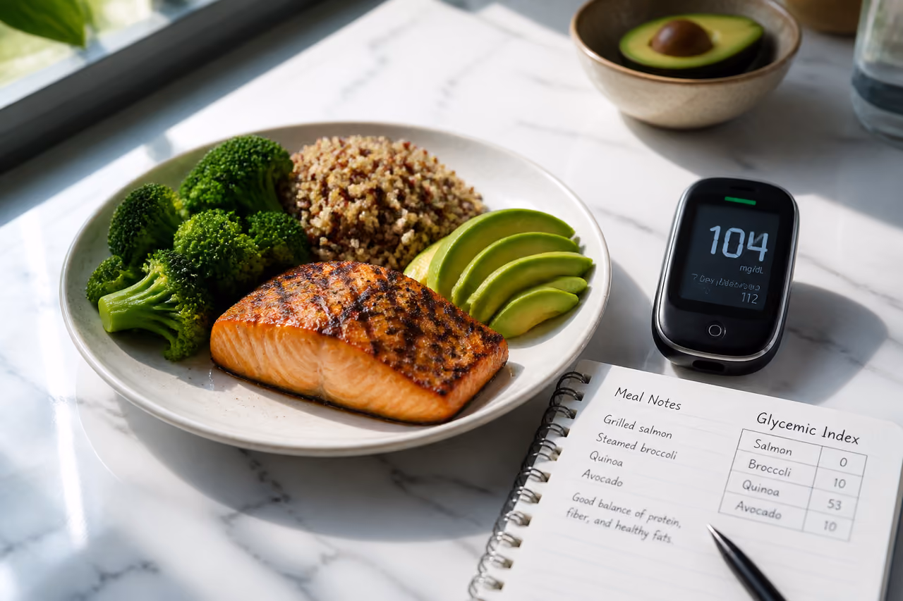 Low Glycemic Index Meal with Glucose Meter on Kitchen Counter