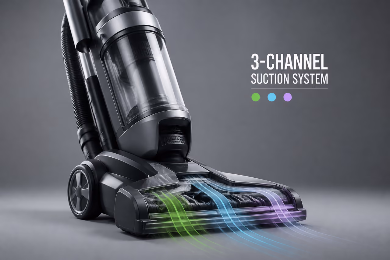 Upright Vacuum Cleaner with 3 Channel Suction System