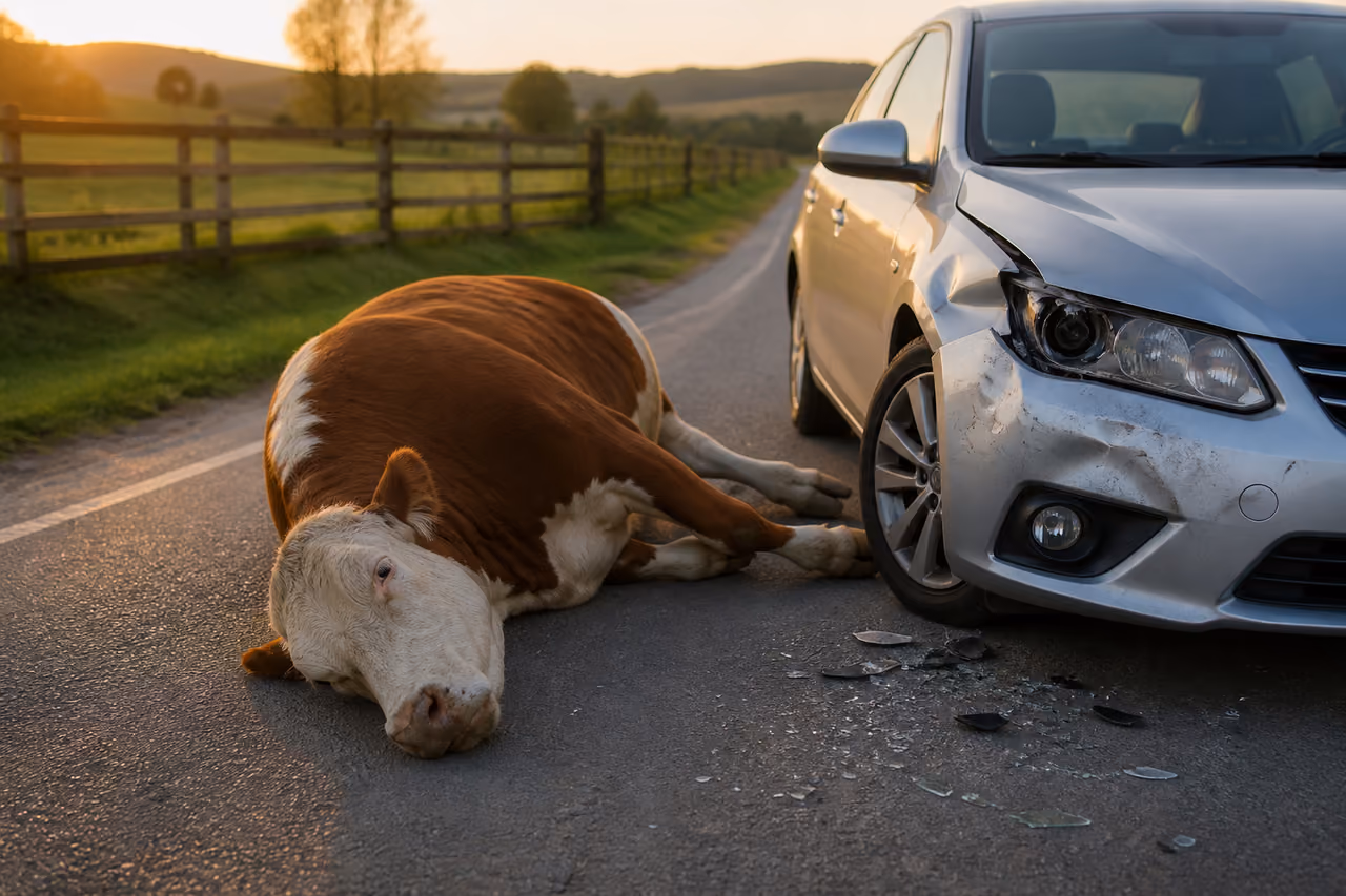 Injured Cow and Damaged Car on Rural Road