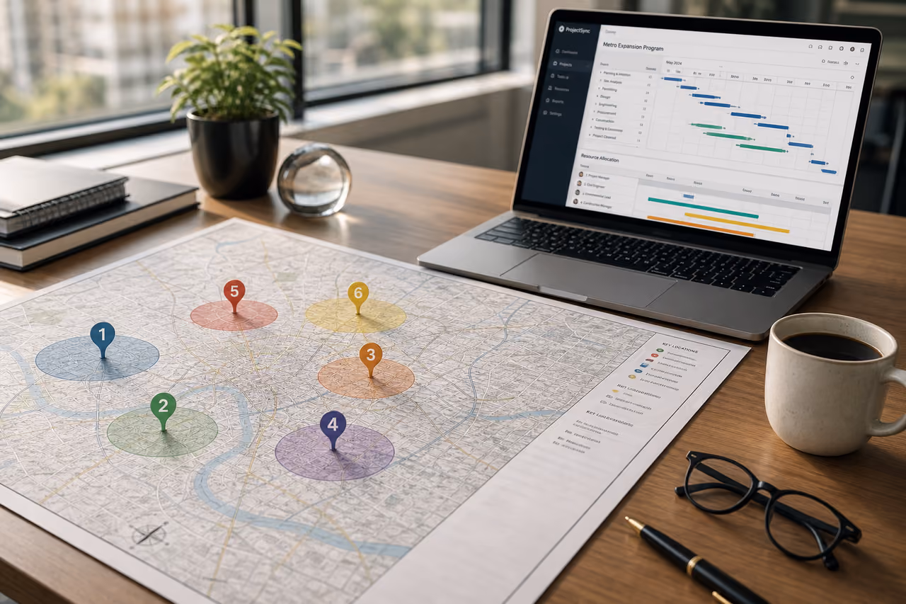 Project Manager Mapping Resource Group Locations on Office Desk
