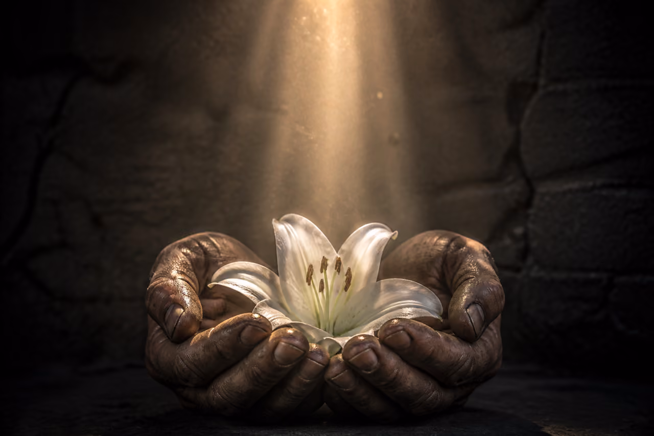 Weathered Hands Holding a White Lily in Divine Light