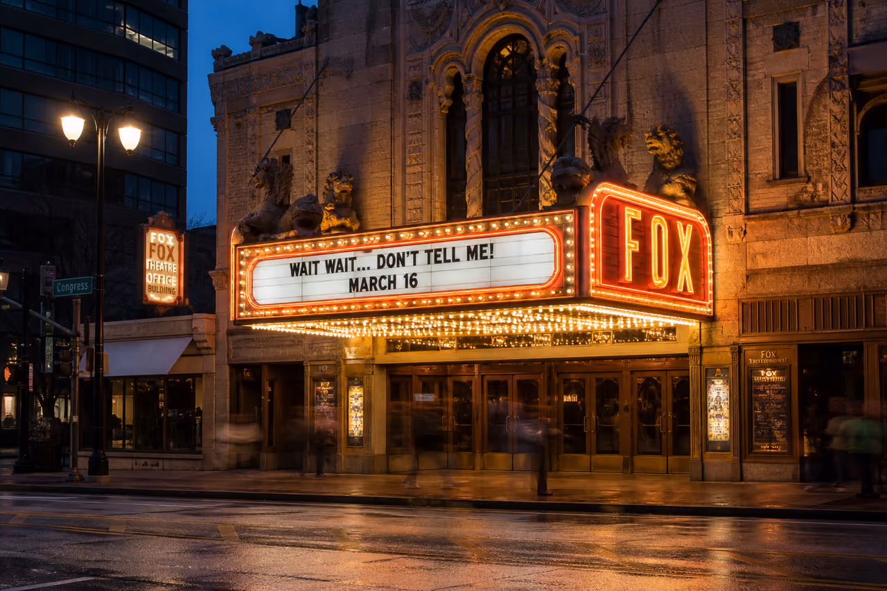 Exterior of the Historic Wait Wait Fox Theater at Dusk