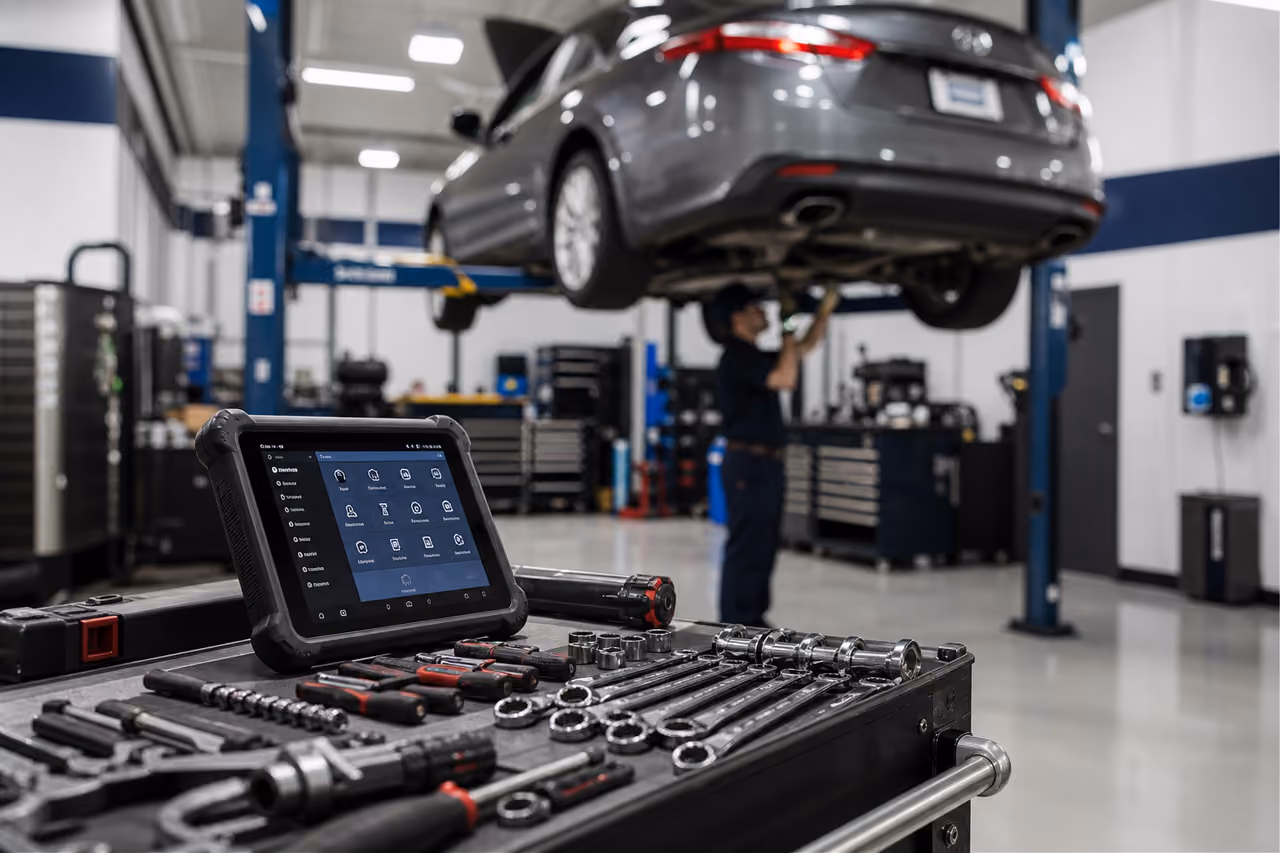 Mechanic Working on a Car in a Modern Auto Repair Shop